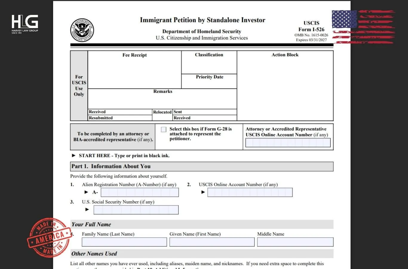 Hình ảnh mẫu đơn I-526 thuộc Cơ quan Di trú và Nhập tịch Hoa Kỳ (USCIS)
